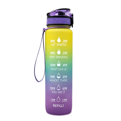 HydroClock is a 35oz MultiColor Tritan Water Bottle with Motivational Time Markers Free of Toxins and Leaks for Colorful/Active Lifeystyles